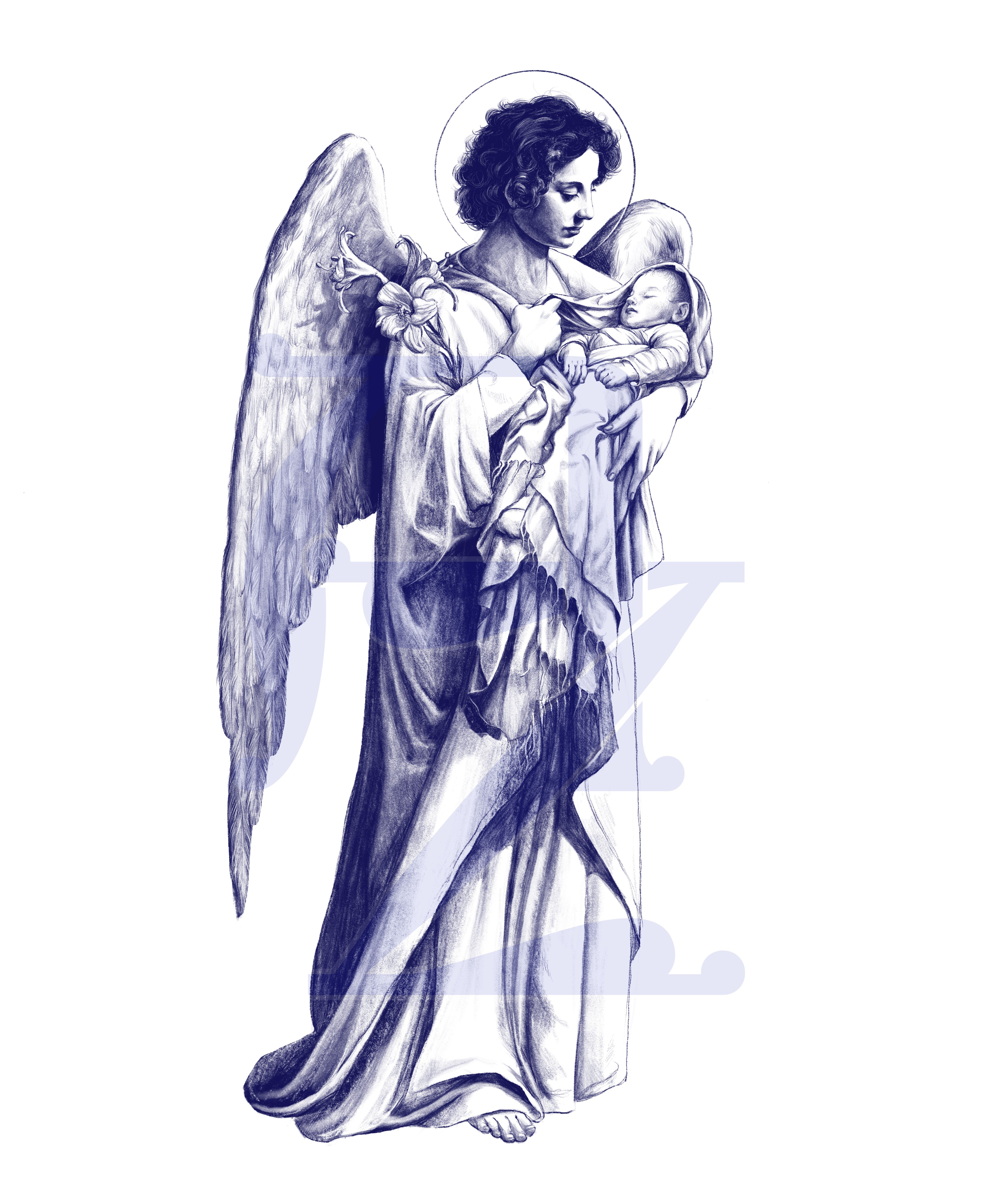 Illustration bleue de l'ange Gabriel représenté en pied tenant un bébé dans ses bras 