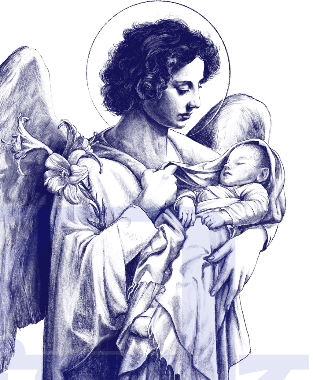 Détail du dessin bleu de l'ange Gabriel tenant un bébé dans ses bras