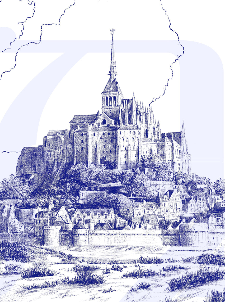 Vue rapprochée d'un dessin en bleu du Mont-Saint-Michel