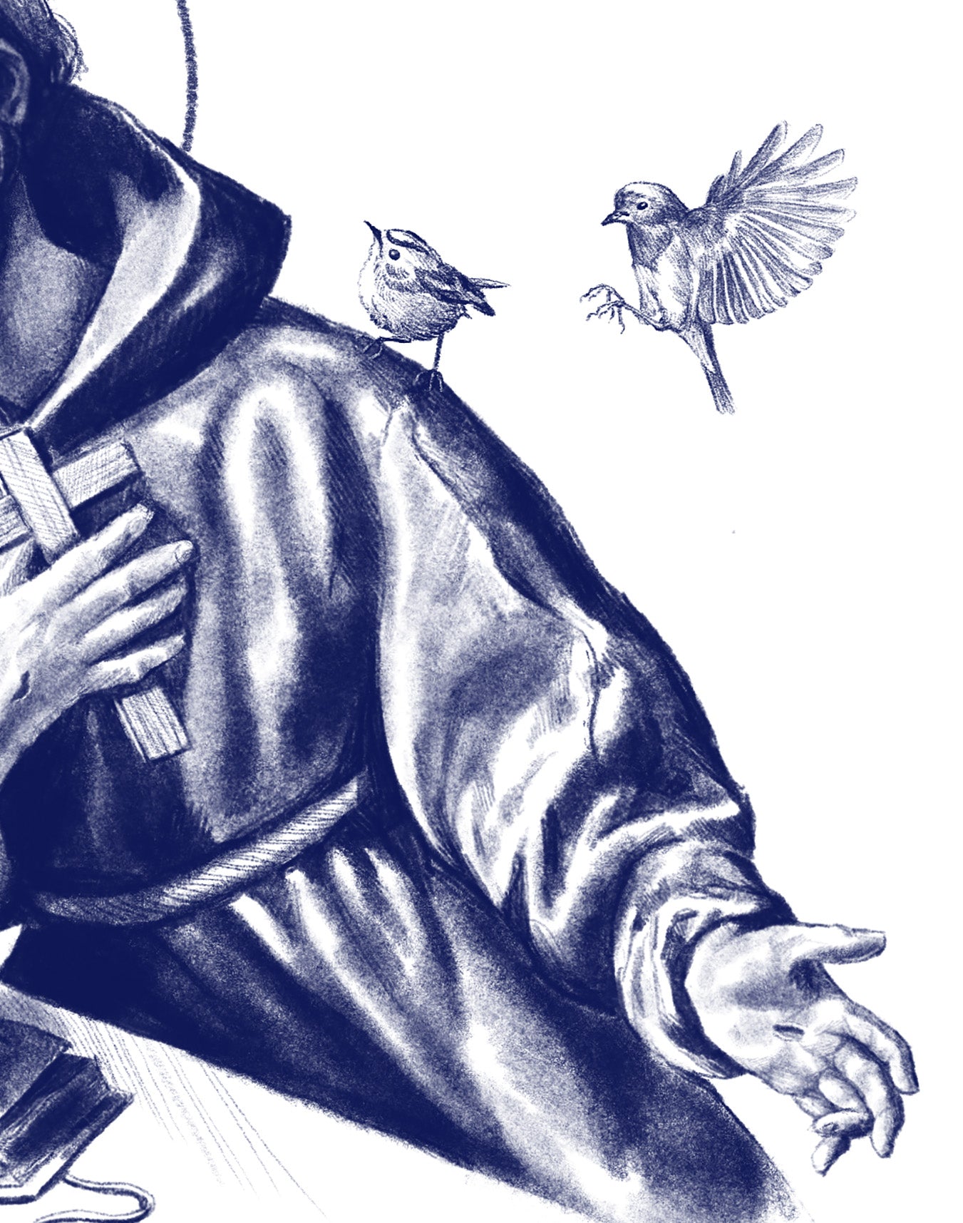 Détail du dessin de Saint François d'Assise  : stigmates et deux oiseaux