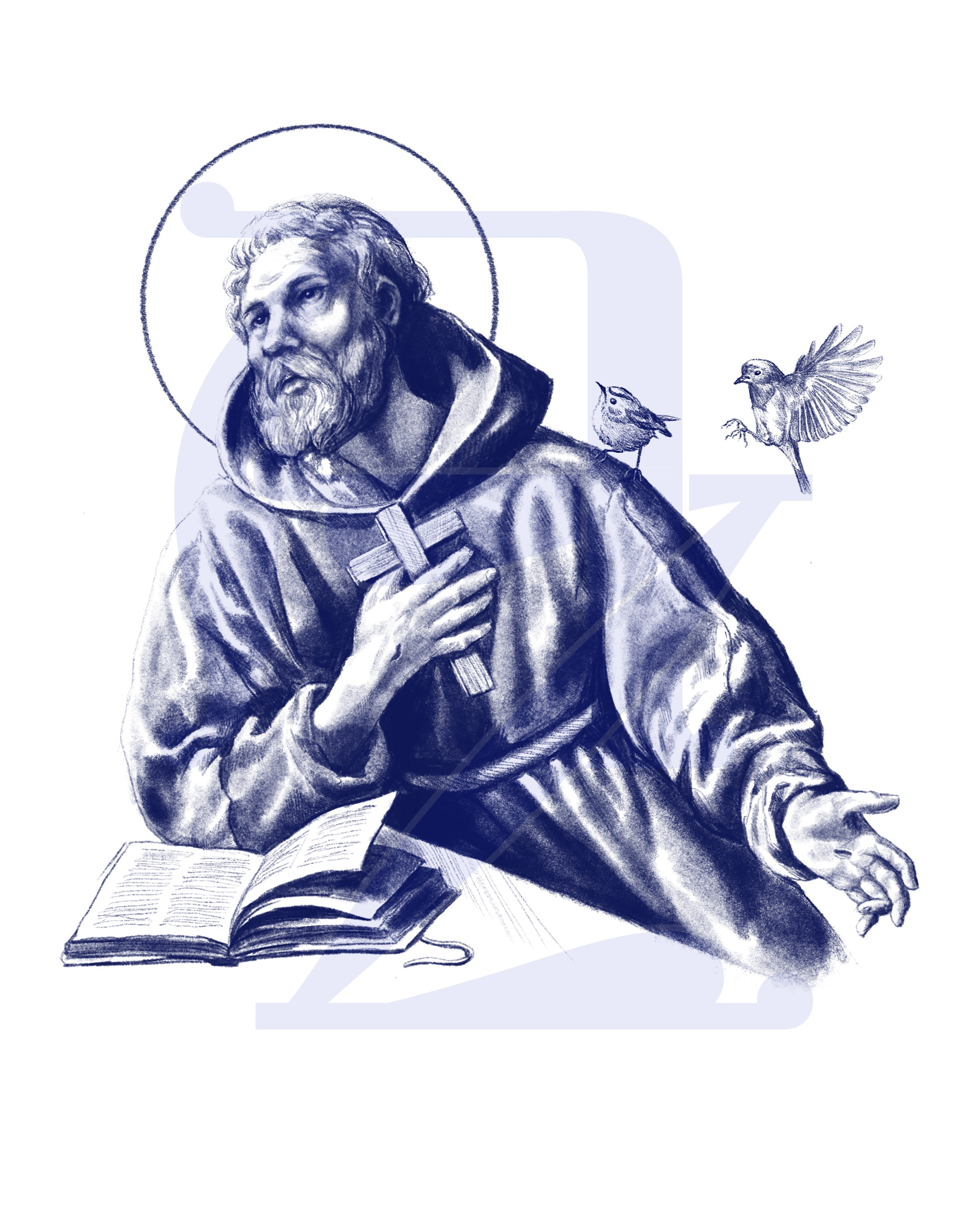 Dessin bleu de saint François d'Assise tenant une croix en bois sur son coeur, un livre devant lui et levant les yeux au ciel. Il a des stigmates sur les mains et deux oiseaux sur son épaule.