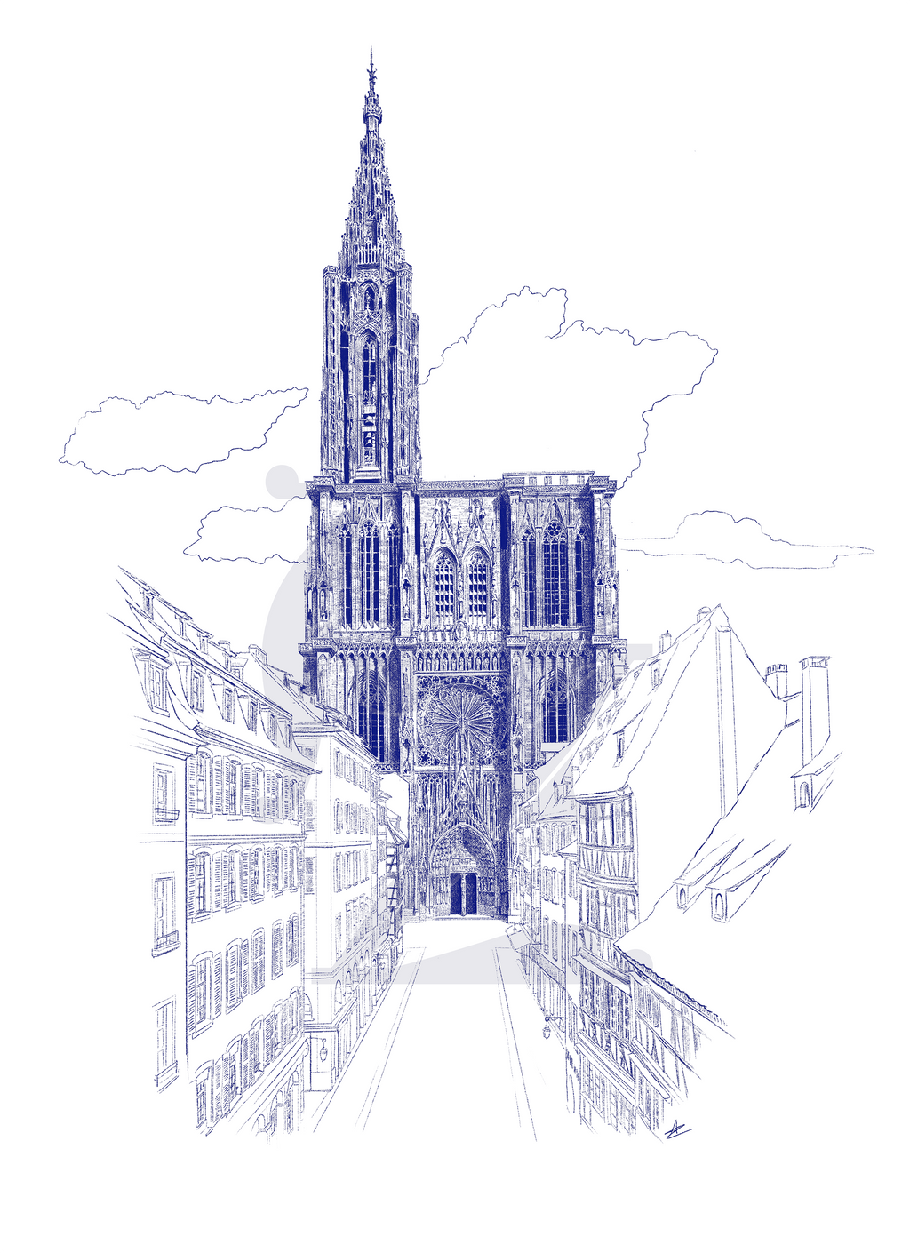 dessin au trait bleu de la cathédrale de Strasbourg avec une perspective sur l'avenue en face et ses maisons à colombages alsaciennes