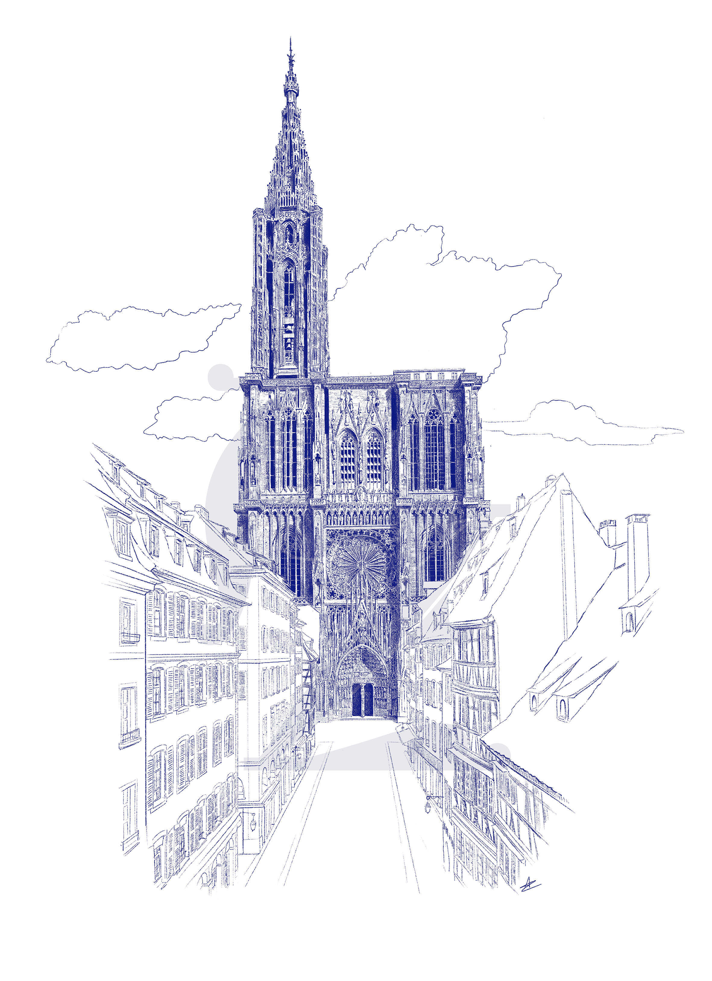 dessin au trait bleu de la cathédrale de Strasbourg avec une perspective sur l'avenue en face et ses maisons à colombages alsaciennes