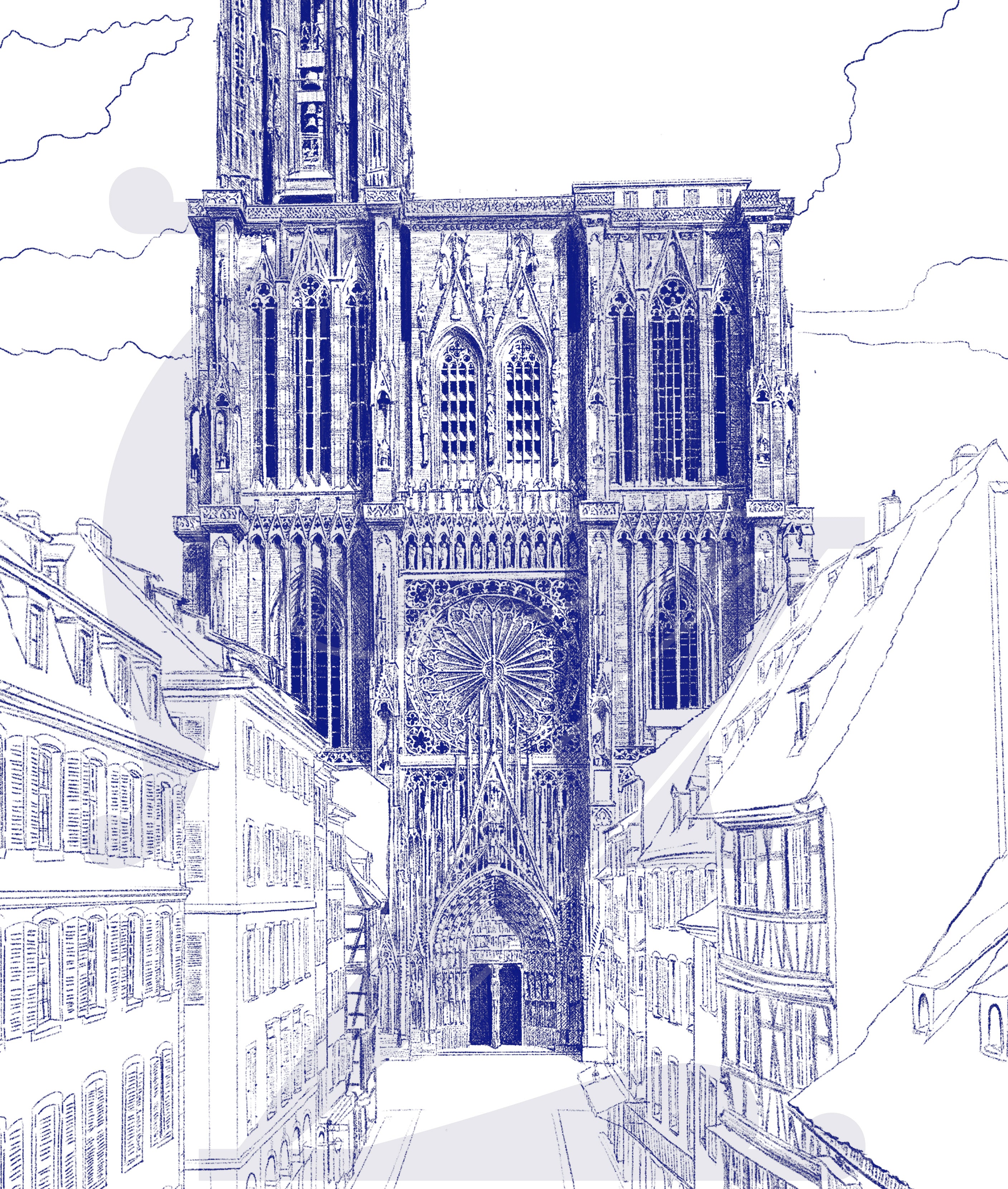dessin bleu de la cathédrale de Strasbourg en vue resserrée avec une perspective sur l'avenue en face  