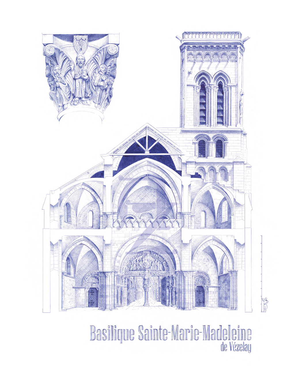 Illustration au stylo bic bleu de la basilique Sainte-Marie-Madeleine de Vézelay, vue en coupe architecturale.