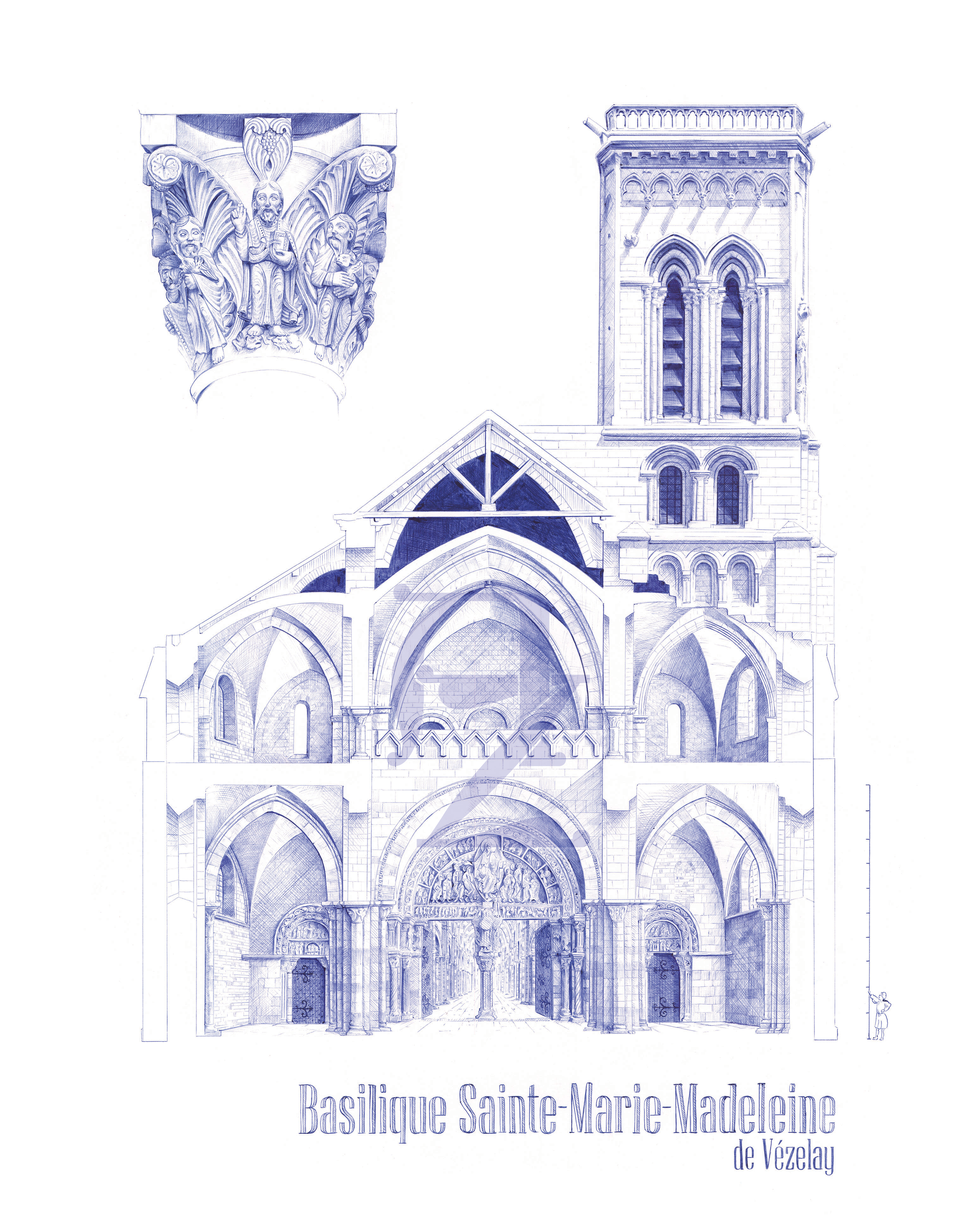 Illustration au stylo bic bleu de la basilique Sainte-Marie-Madeleine de Vézelay, vue en coupe architecturale.