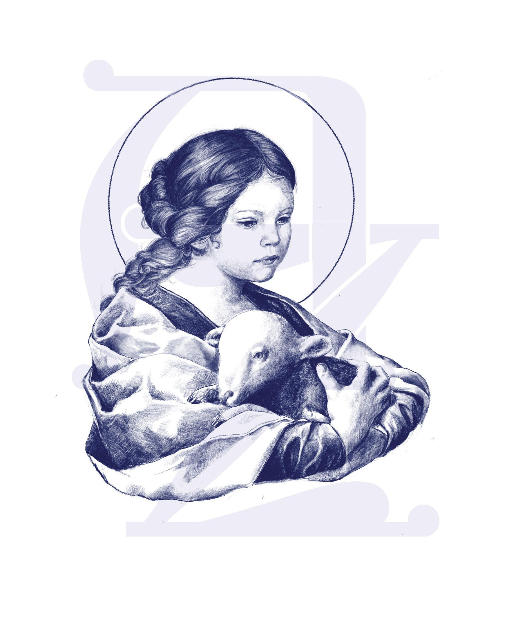 dessin bleu d'une jeune fille auréolée tenant un agneau dans les bras.